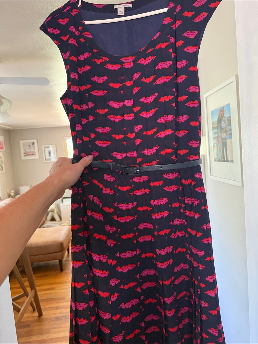 Halogen Navy Midi Dress with Pink & Red Lip Print and Slim Belt